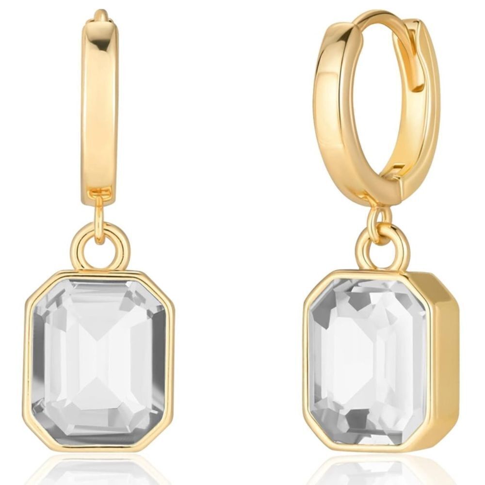 18K Yellow Gold with White Diamond Crystal Dangling Octagon Huggie Earrings